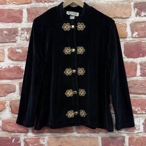 VTG Appleseeds Jacket Women's XL Petite Black Gold Velour Mandarin Collar Blazer